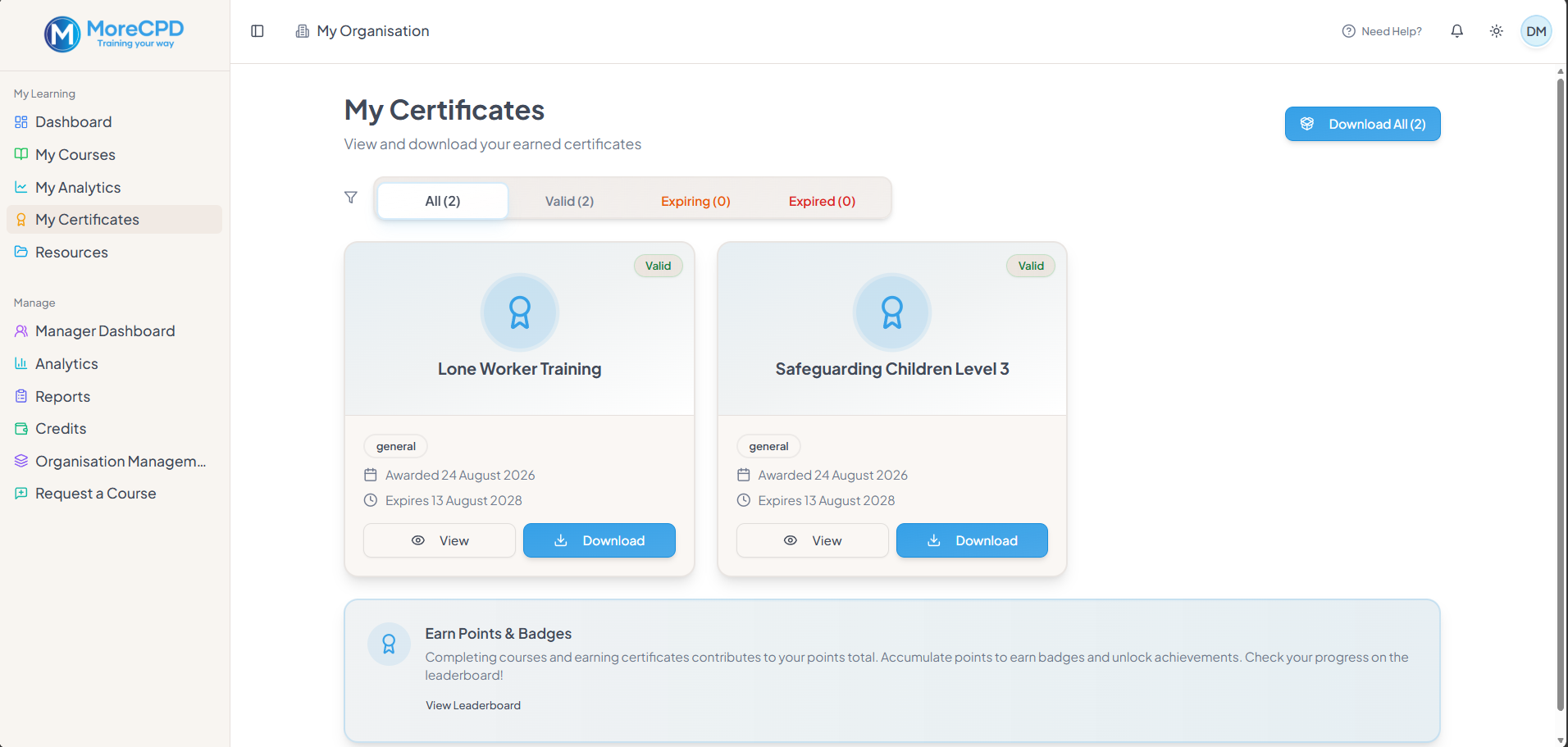 MoreCPD learner certificates and completed training records