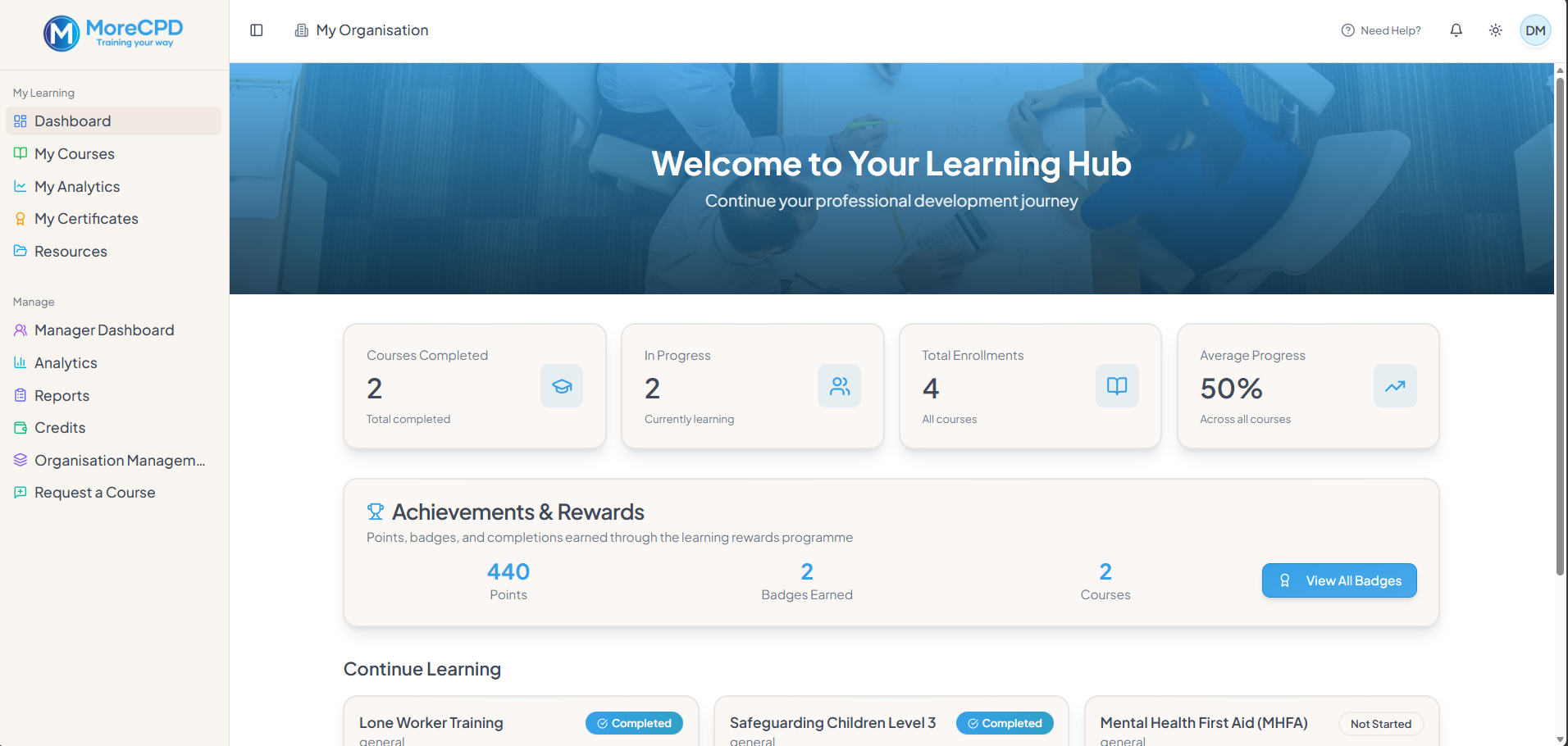 MoreCPD learner dashboard showing employee course progress