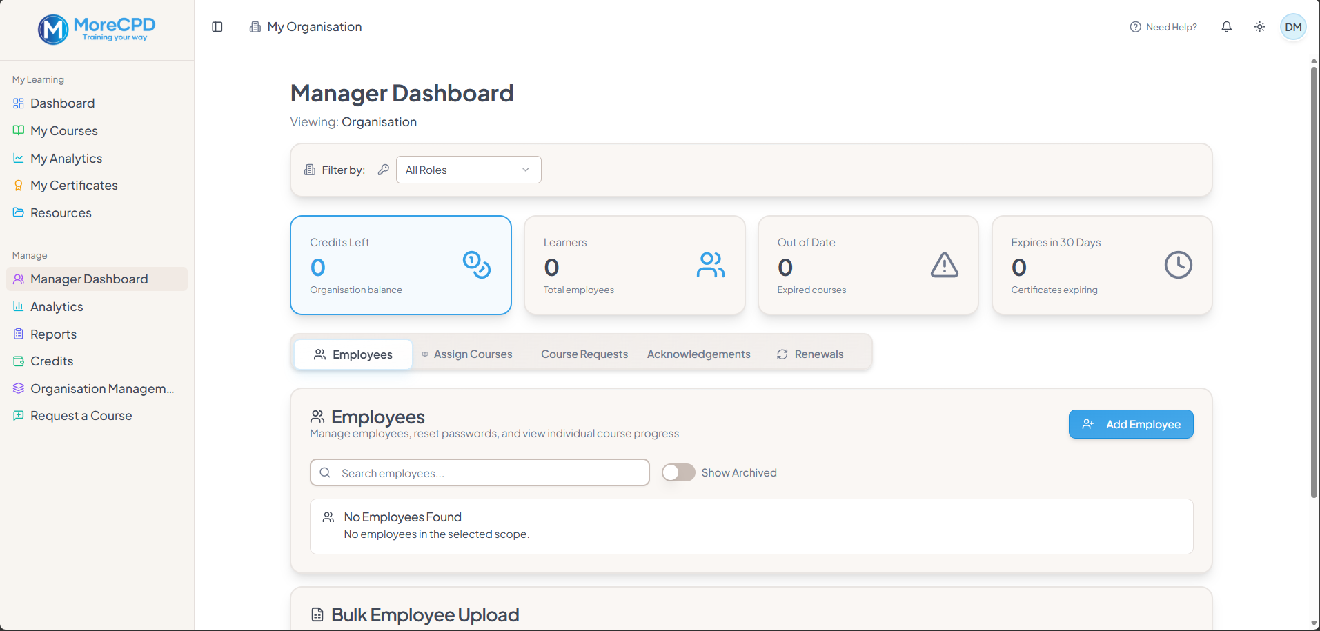 MoreCPD manager dashboard for assigning and tracking employee training